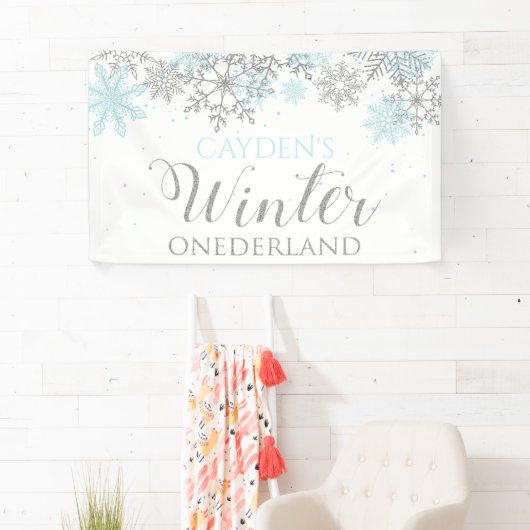 Winter Onederland Blue Silver Snow First Birthday Spandoek (Insitu)