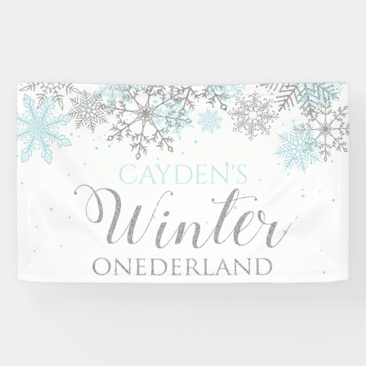 Winter Onederland Blue Silver Snow First Birthday Spandoek (Horizontaal)