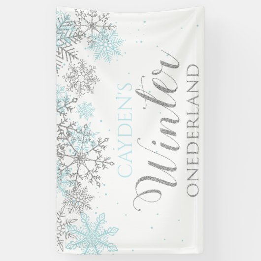 Winter Onederland Blue Silver Snow First Birthday Spandoek (Verticaal)