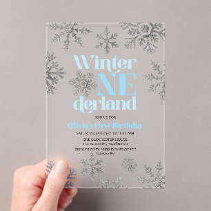 Winter Onederland Blue Silver Snowflake Birthday Acryl Uitnodigingen
