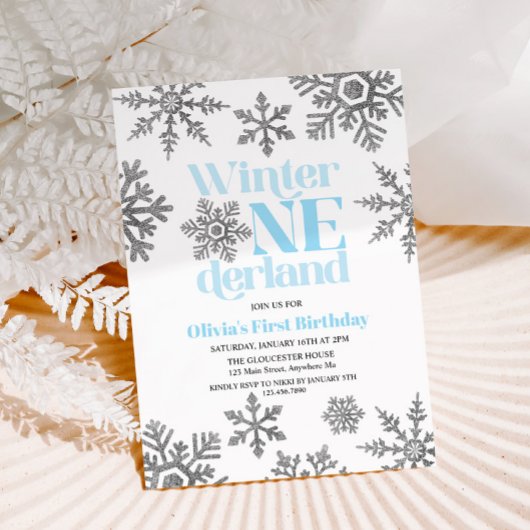 Winter Onederland Blue Silver Snowflake Birthday Kaart
