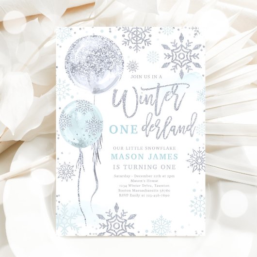 Winter Onederland Blue Silver Snowflake Birthday Kaart