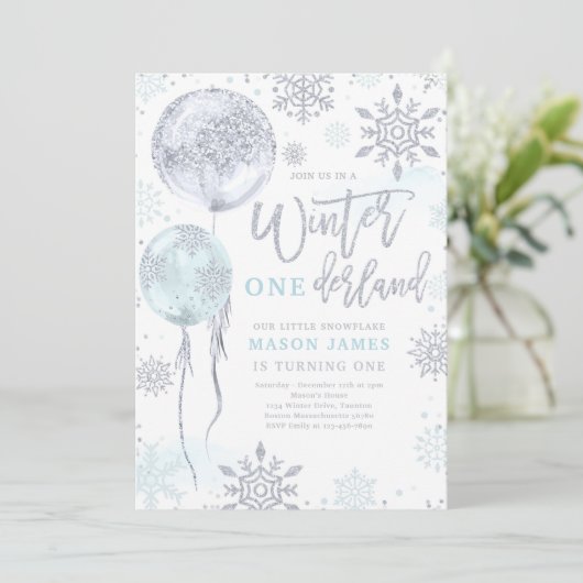 Winter Onederland Blue Silver Snowflake Birthday Kaart (Staand voorkant)