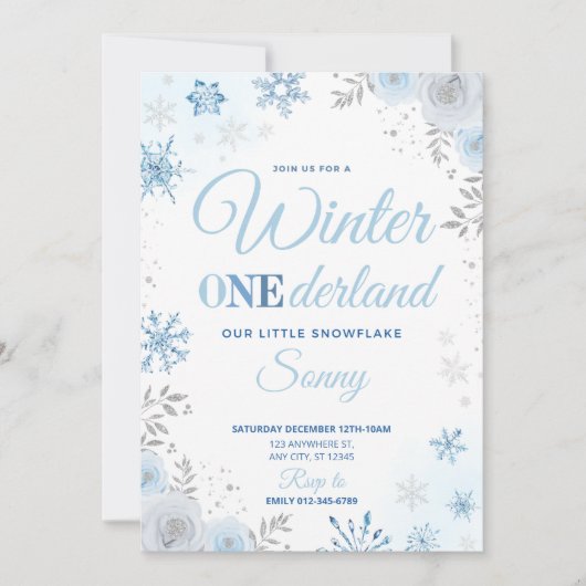 Winter ONEderland Blue Snowflake 1e Uitnodiging (Voorkant)