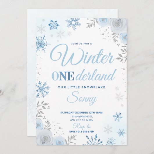 Winter ONEderland Blue Snowflake 1e Uitnodiging (Voorkant / Achterkant)