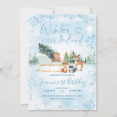 Winter Onederland Blue Snowflake Animal Birthday Kaart (Voorkant)