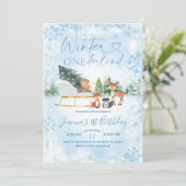 Winter Onederland Blue Snowflake Animal Birthday Kaart (Staand voorkant)
