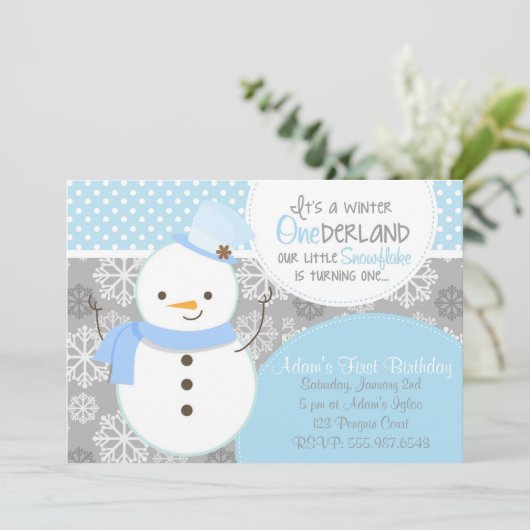 Winter ONEderland Blue Snowman Uitnodiging (Staand voorkant)