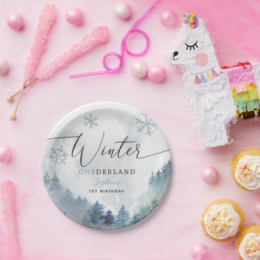 Winter ONEderland Blue Snowy Mountain Birthday Papieren Bordje (Feest)