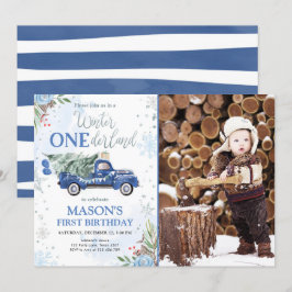 Winter Onederland Blue Truck Boy First Birthday Kaart