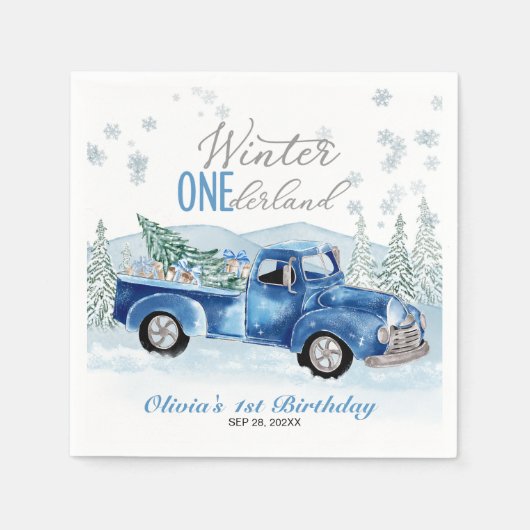 Winter Onederland Blue Truck First Birthday Servet (Voorkant)