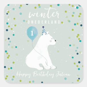 Winter Onederland Blue Verjaardag Polar Beer Snow Vierkante Sticker