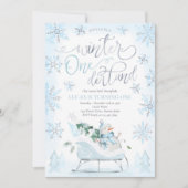 Winter ONEderland Blue Winter Sleigh 1st Birthday Kaart (Voorkant)