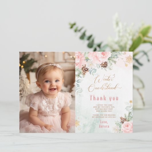 Winter Onederland blush roze foto bedankkaart Kaart (Staand voorkant)