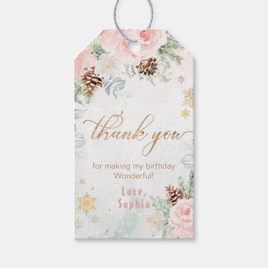 Winter onederland blush roze verjaardag bedankt cadeaulabel (Voorkant)