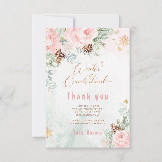 Winter onederland blush roze verjaardag dank u kaart (Voorkant)