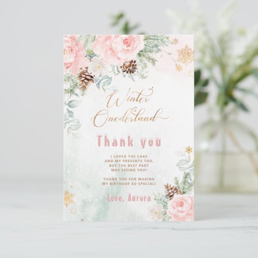 Winter onederland blush roze verjaardag dank u kaart (Staand voorkant)