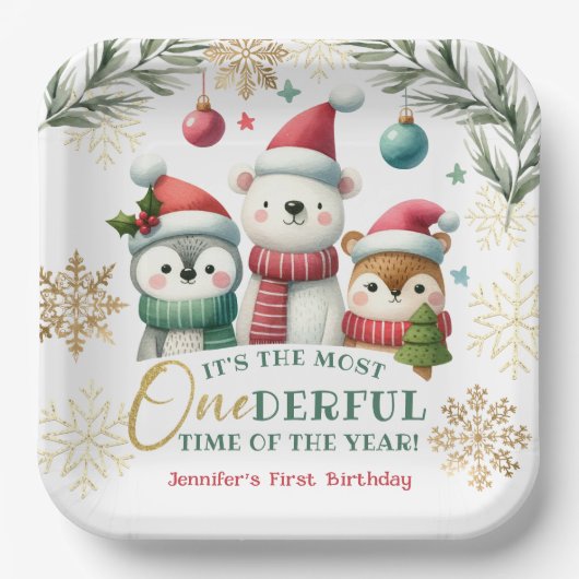 Winter Onederland Boho Sneeuwdieren 1e verjaardag Papieren Bordje (Voorkant)