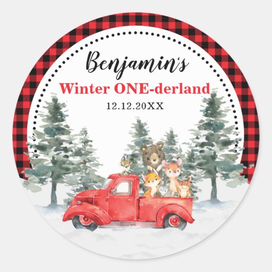 Winter ONEderland Bos Bosdieren Verjaardag Ronde Sticker (Voorkant)