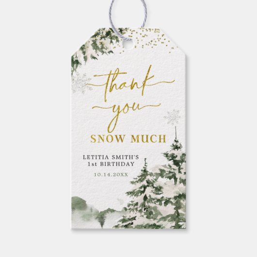 Winter Onederland Bos Eerste Verjaardag Dank u Cadeaulabel (Voorkant)
