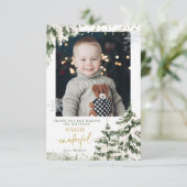 Winter Onederland Bos Eerste Verjaardag met foto Bedankkaart (Staand voorkant)