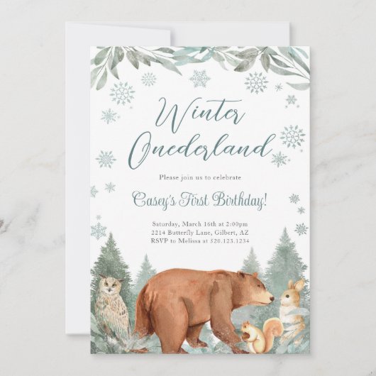 Winter Onederland bosdieren feest uitnodiging (Voorkant)