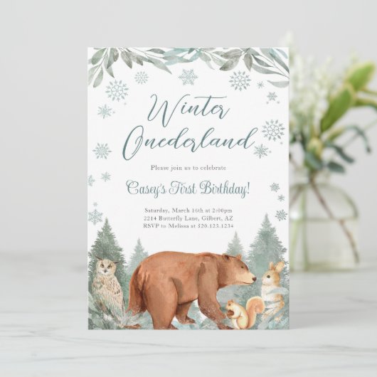 Winter Onederland bosdieren feest uitnodiging (Staand voorkant)