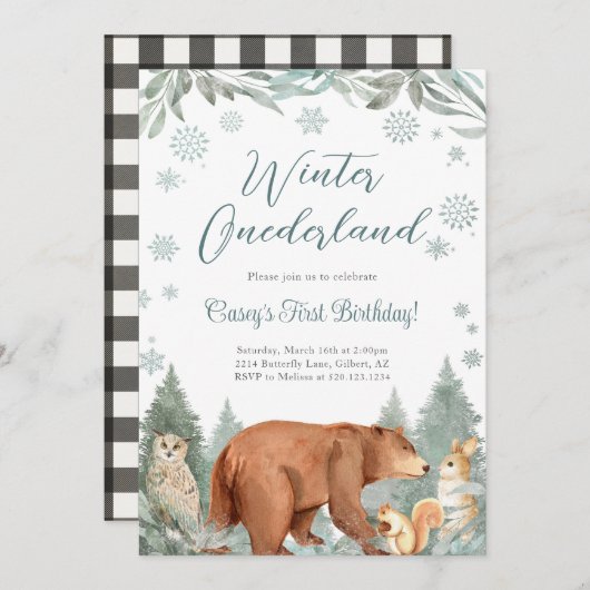 Winter Onederland bosdieren feest uitnodiging (Voorkant / Achterkant)