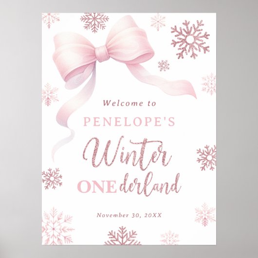 Winter Onederland Bow Girl 1st Birthday Welcome Poster (Voorkant)