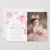 Winter Onederland Bow Snowflake Birthday Photo Kaart (Voorkant)