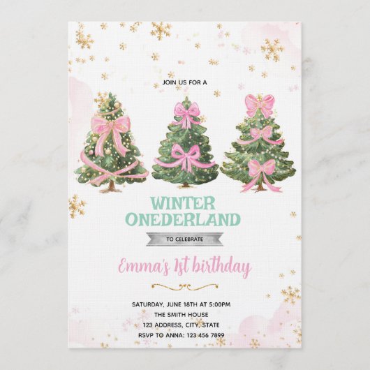 Winter Onederland bow tree invitation Kaart (Voorkant)