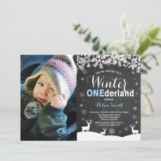 Winter Onederland Boy 1st Birthday Foto Kaart (Staand voorkant)