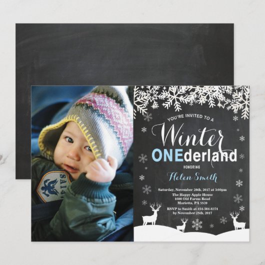 Winter Onederland Boy 1st Birthday Foto Kaart (Voorkant / Achterkant)