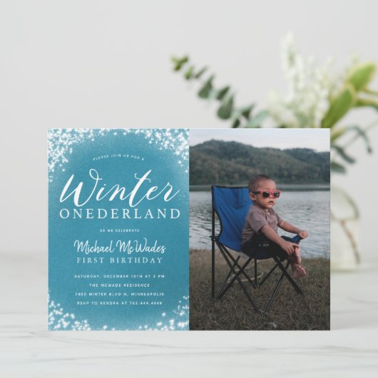 Winter Onederland Boy 1st Birthday Party Foto Kaart (Staand voorkant)