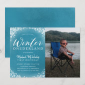 Winter Onederland Boy 1st Birthday Party Foto Kaart (Voorkant / Achterkant)