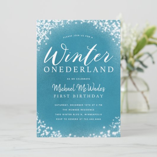 Winter Onederland Boy 1st Birthday Party Kaart (Staand voorkant)