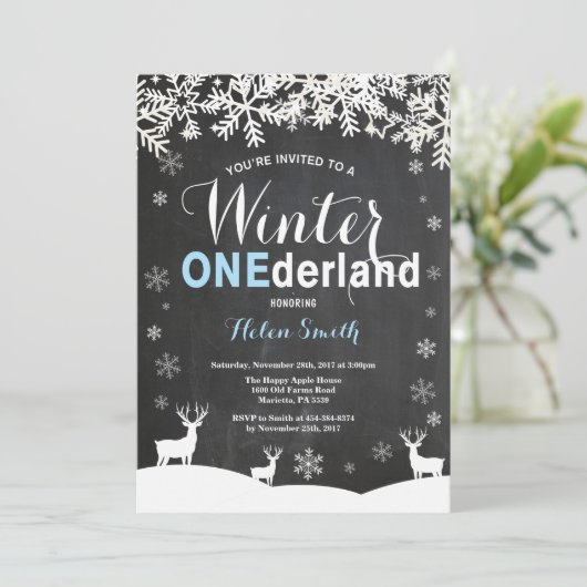 Winter Onederland Boy 1st Birthday Uitnodiging (Staand voorkant)
