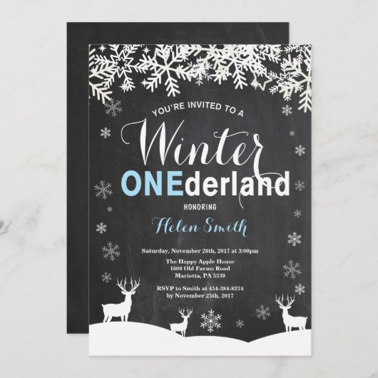 Winter Onederland Boy 1st Birthday Uitnodiging (Voorkant / Achterkant)
