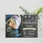 Winter Onederland Boy 1st Birthday Uitnodiging (Staand voorkant)