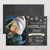 Winter Onederland Boy 1st Birthday Uitnodiging (Voorkant / Achterkant)