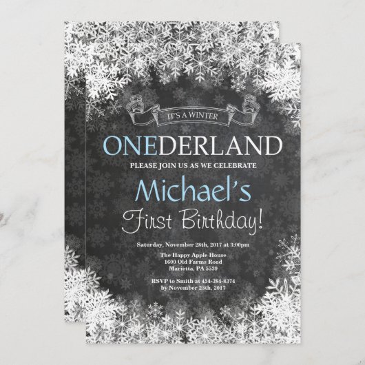 Winter Onederland Boy 1st Birthday Uitnodiging (Voorkant / Achterkant)