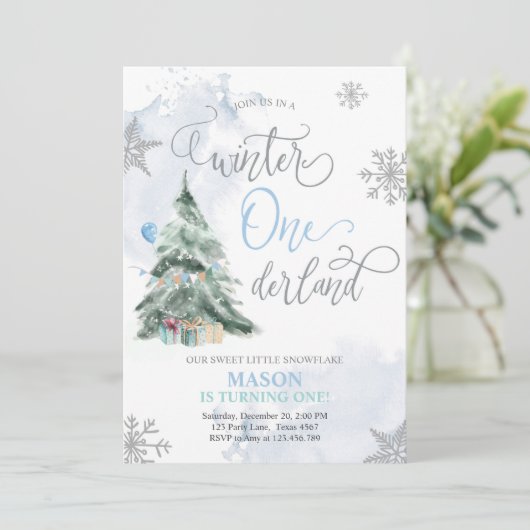 Winter Onederland Boy Blue Winter 1st verjaardag Kaart (Staand voorkant)