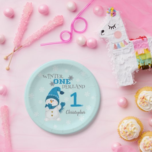 Winter Onederland Boy First Birthday Cute Snowman Papieren Bordje (Feest)