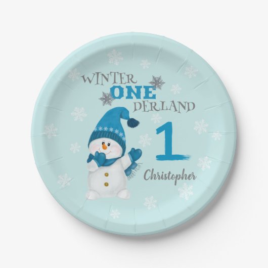 Winter Onederland Boy First Birthday Cute Snowman Papieren Bordje (Voorkant)