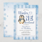 Winter Onederland Boy Penguin Birthday Snowflakes Kaart (Voorkant / Achterkant)