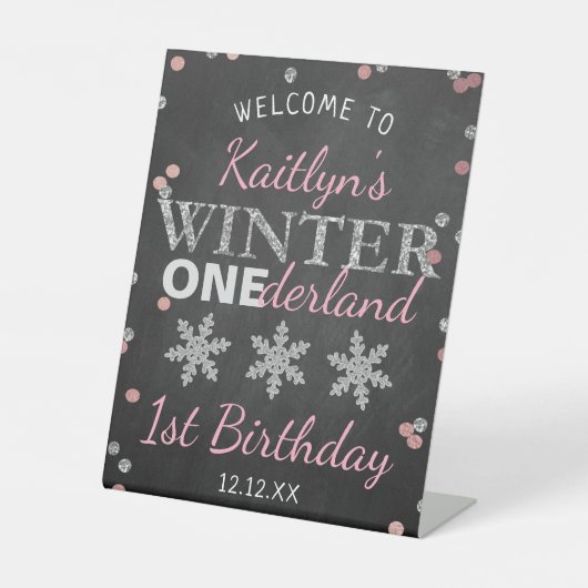 Winter ONEderland Chalkboard 1st verjaardag Reclamebord Met Voetstuk (Voorkant)