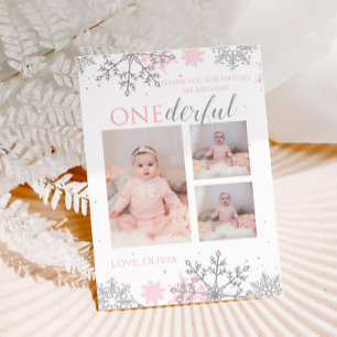 Winter ONEderland Dank je wel roze Zilveren Sneeuw Bedankkaart