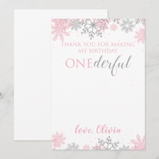 Winter ONEderland Dank u roze zilversneeuwvlokken Bedankkaart (Voorkant / Achterkant)