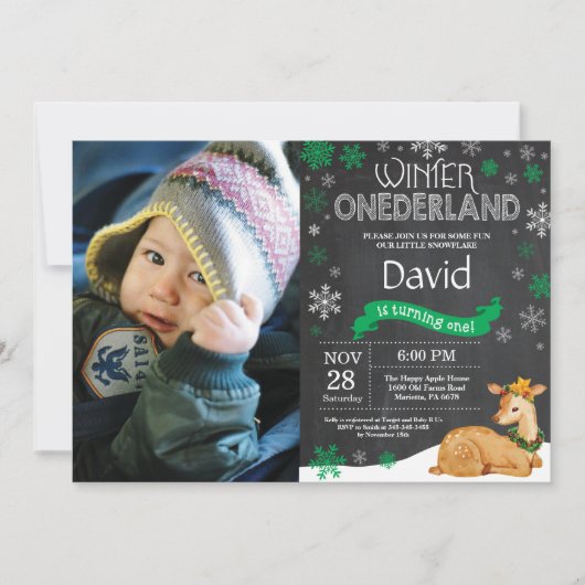 Winter Onederland Deer 1e verjaardag Uitnodiging (Voorkant)