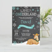 Winter Onederland Deer 1e verjaardag Uitnodiging (Staand voorkant)